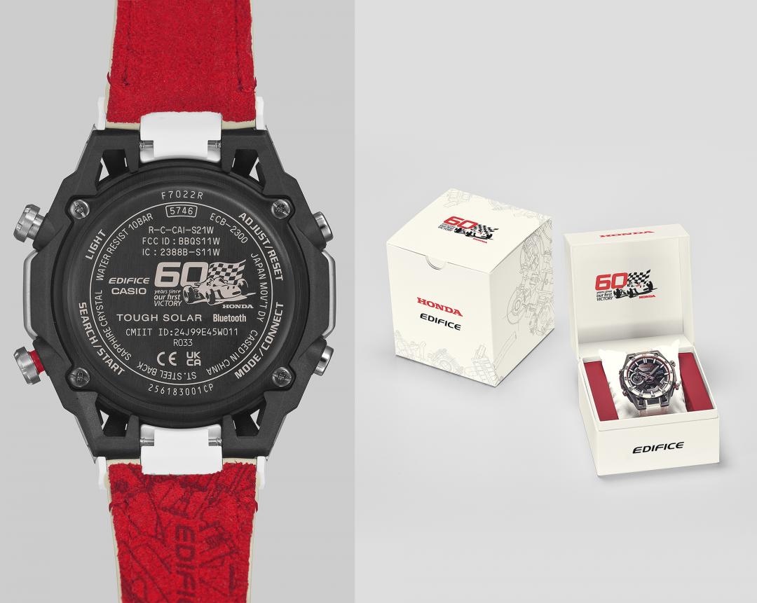 錶背蓋與外盒包裝飾有原創設計的60週年紀念LOGO。