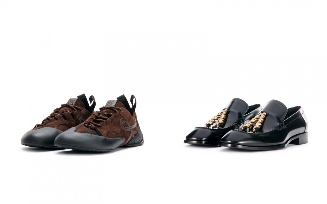 （左起）Grip小牛皮麂皮運動鞋（NT$35,000）、Edge磨砂小牛皮樂福鞋（NT$49,000）。