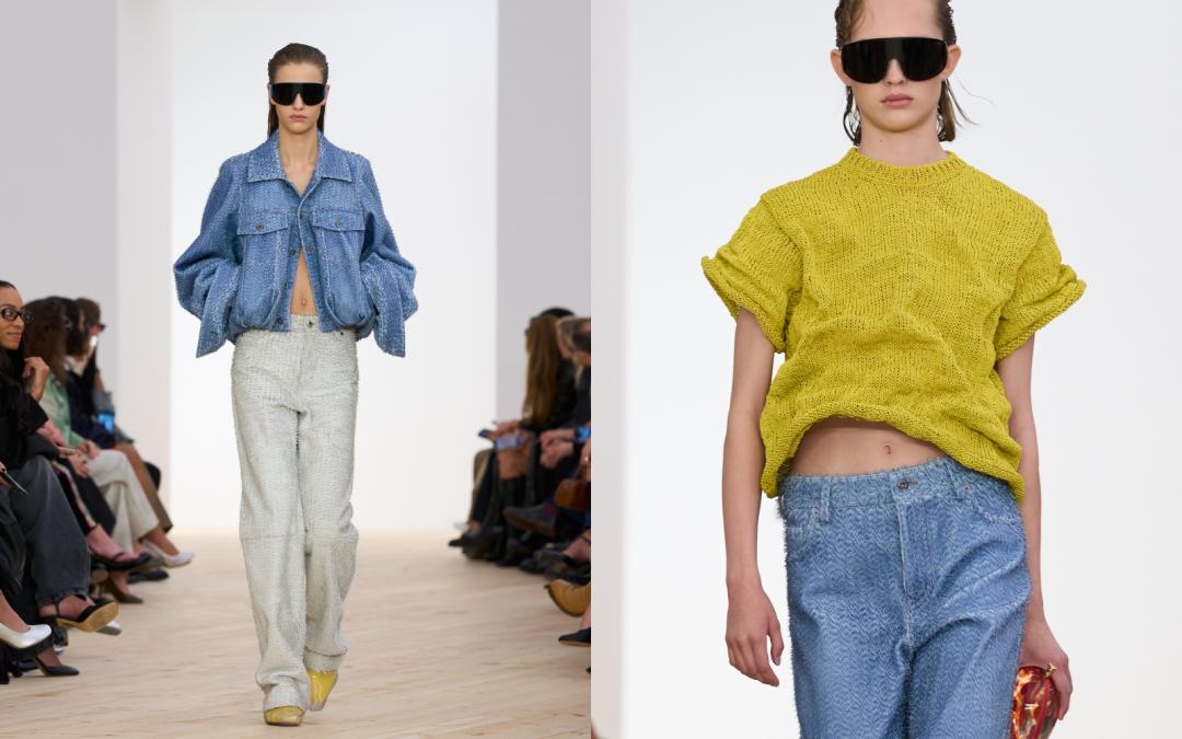 遠看如丹寧材質的面料，實為經過精湛工藝處理的皮革材質。