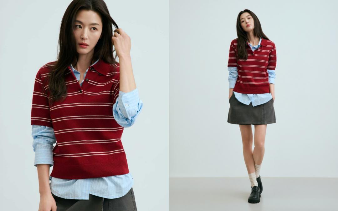 針織衫疊搭襯衫，下身選穿一條灰色A字裙，簡單營造出學生妹調調。