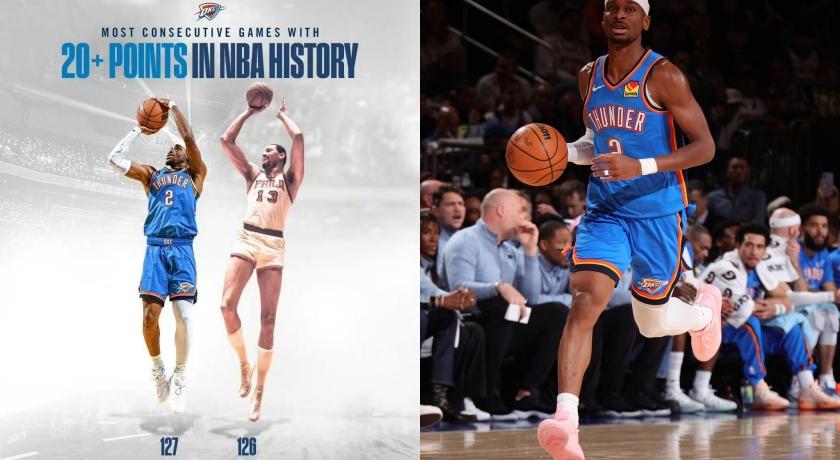 NBA雷霆一哥SGA打破「上古神獸」傳奇球星張伯倫高懸63年的紀錄。