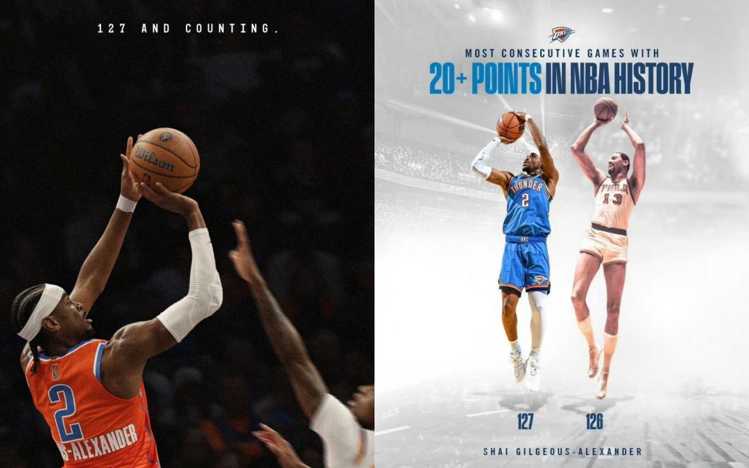 SGA與張伯倫同為CONVERSE簽約球星，上古傳奇與當代傳奇，分別以連續126場與127場單場個人得分突破20大關的紀錄，在NBA寫下歷史。