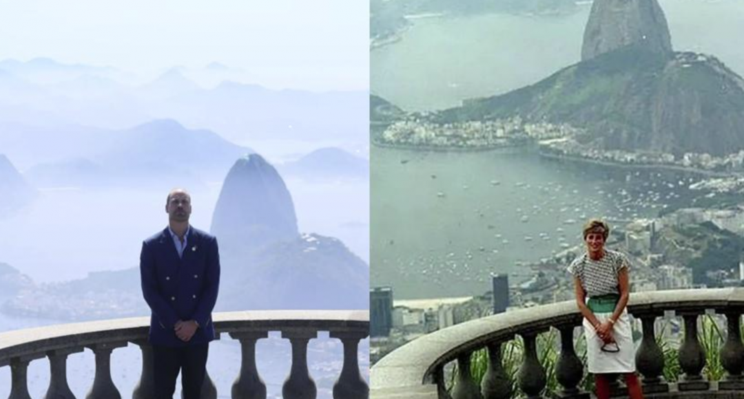 威廉王子去年造訪巴西，已同樣的地點和角度拍照，致敬黛安娜王妃。(美聯社、翻攝自X)