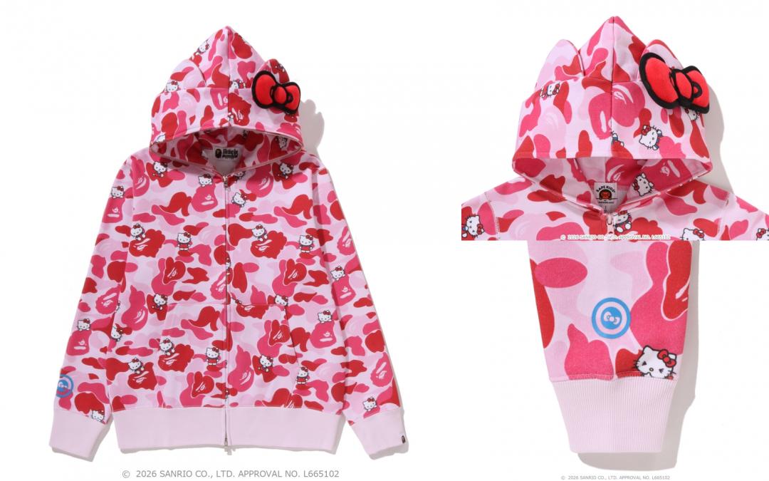 HELLO KITTY CAMO全拉鍊連帽外套，售價（女裝）NT$11,599元、（童裝）NT$7,199元。