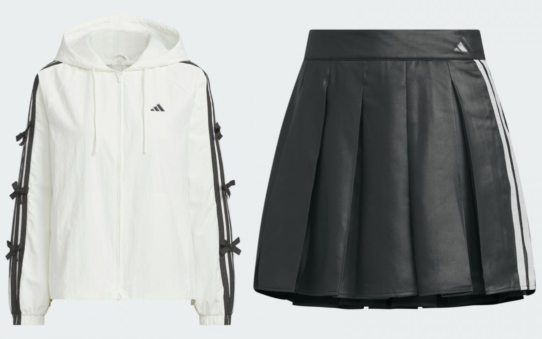 （左起）蝴蝶結三線連帽外套（NT$2,890）、A字型百褶褲裙（NT$1,890）。