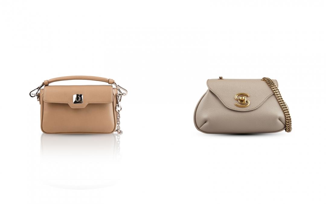 （左起）小型提包，原價NT$45,800元，特賣價NT$13,740元；卡其色小型鍊帶包，原價NT$49,800元，特賣價NT$22,410元。