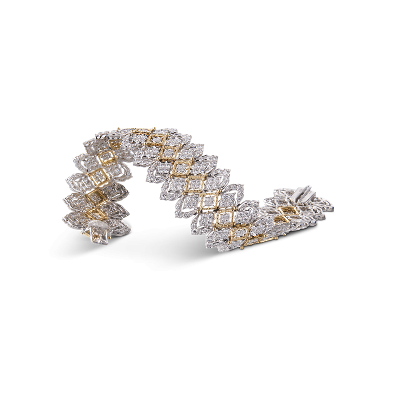 Mosaico系列白金與黃金鑲鑽手鍊，以幾何結構重構馬賽克藝術，展現現代設計語彙。（BUCCELLATI提供）