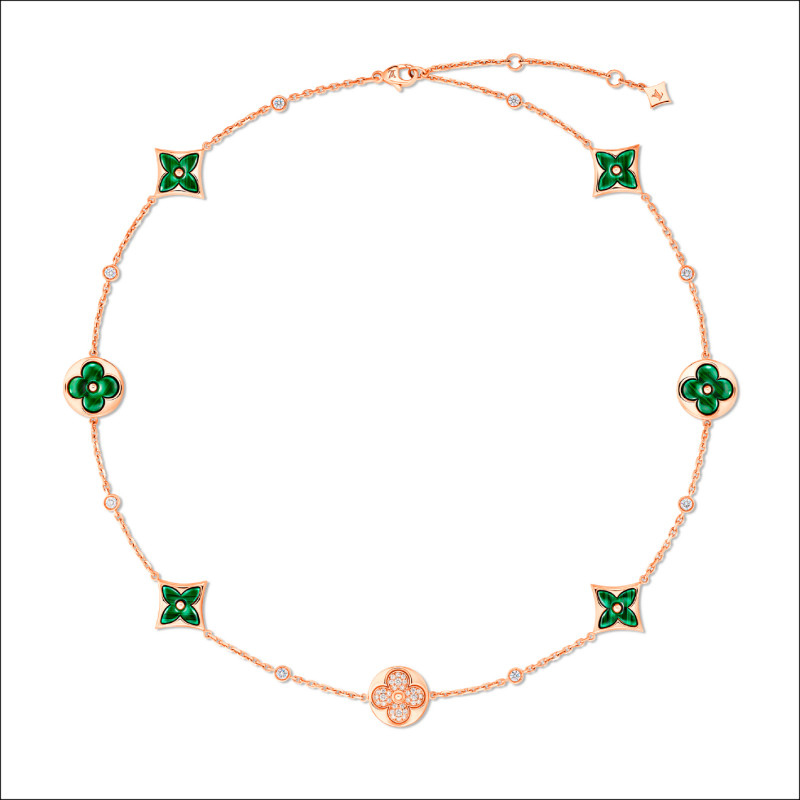 Color Blossom BB Star and Sun Multi-Motif短頸鍊，玫瑰K金、孔雀石、鑽石，565,000元。