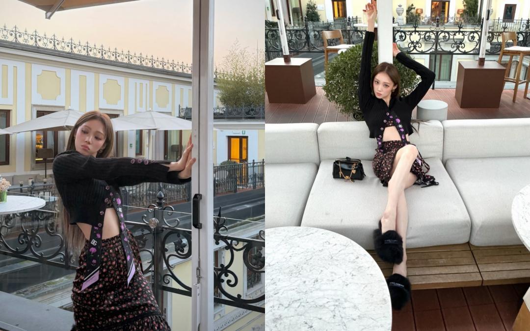 針織衫搭配碎花裙的造型，露出大截水蛇腰，變身小辣妹。