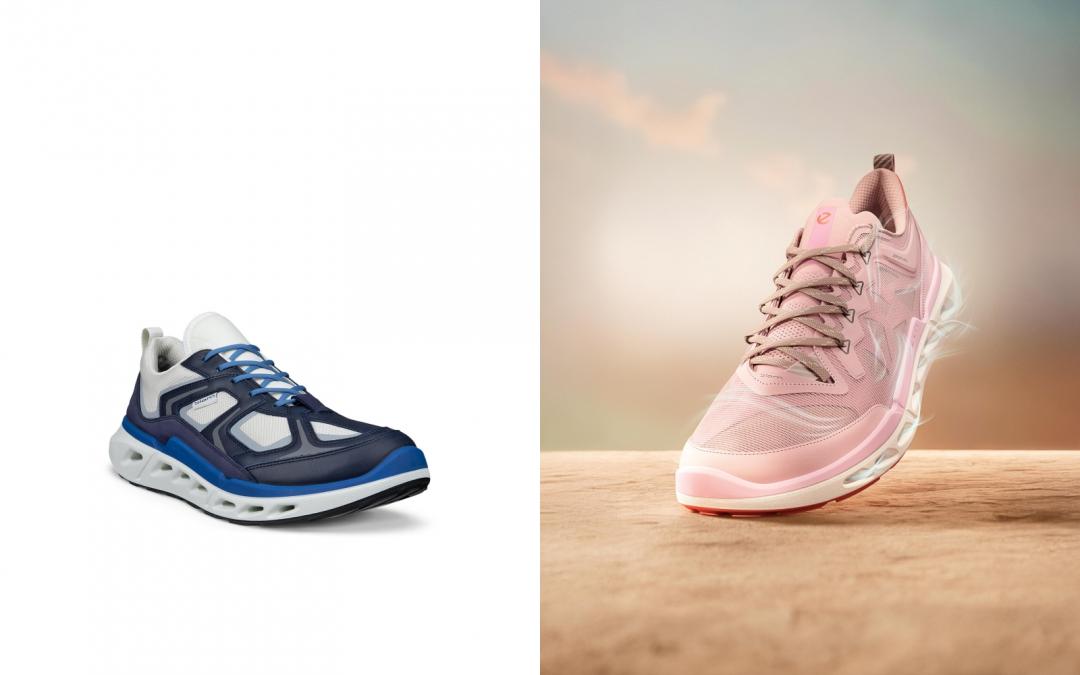 BIOM 720系列（左起）BREATHRU網布防水海洋藍男鞋，售價NT$8,380元，預計4月正式開賣；BREATHRU網布透氣冰紫粉女鞋，售價NT$6,380元。