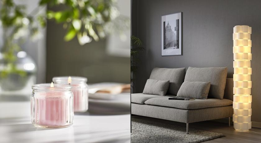 LUGNARE香氛杯狀蠟燭，原價39元，特價9元；LÅGTRYCK落地燈，原價1,499元，特價449元。