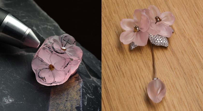 HARU HANA胸針（2021年）。工匠從一塊粉晶圓石開始，最後雕琢出精緻的花瓣，每一個過程都考驗工藝。