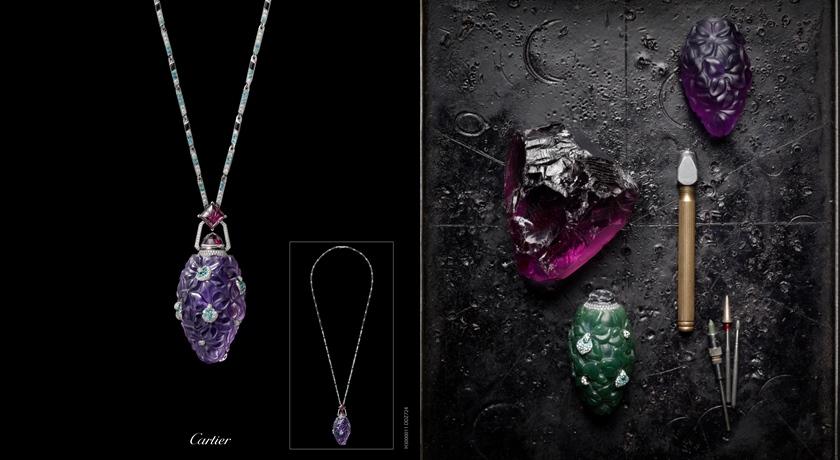 MALVINA項鍊／香水瓶（2017年）。寶石雕刻工坊以石膏、塑膠黏土或蠟材塑型，並以此模型做為最終雕工的基礎。