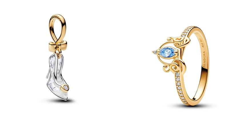 Pandora迪士尼《仙履奇緣》灰姑娘水晶高跟鞋造型吊飾6,480元、南瓜馬車造型戒指3,680元。(Pandora提供，以下同)