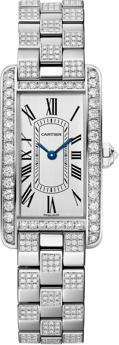 Cartier Tank Américaine腕錶，白K金鑲鑽錶殼，銀色霧面錶盤，1,680,000元。