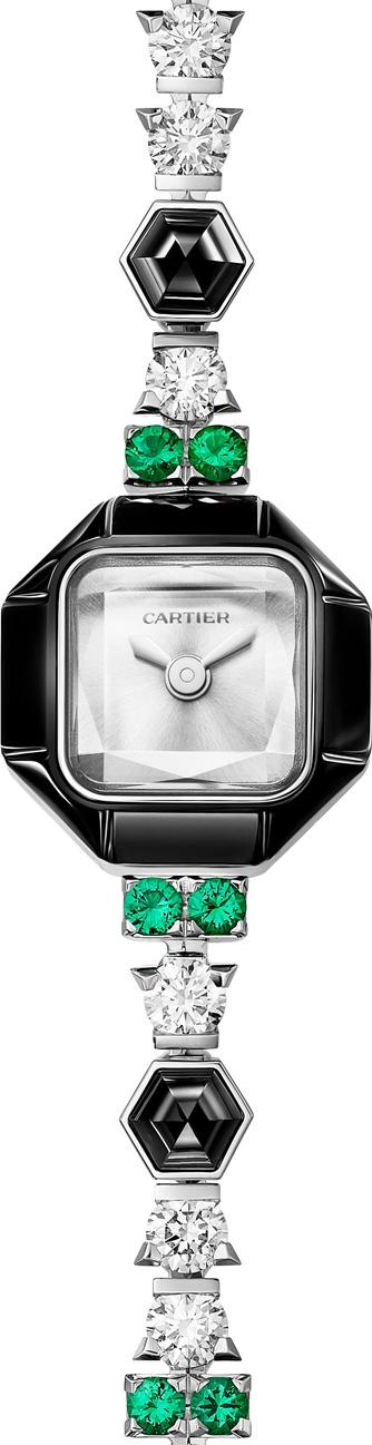 Cartier高級珠寶晚宴錶，18K白金錶殼，鑲嵌鑽石、祖母綠與縞瑪瑙，價格店洽。
