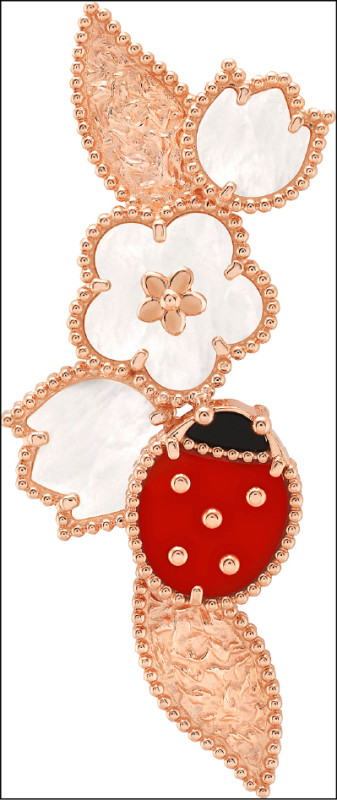 Lucky Spring胸針，18K玫瑰金鑲嵌珍珠母貝、紅玉髓、縞瑪瑙，285,000元。
