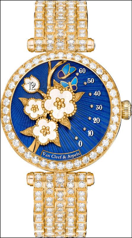 Lady Lucky Spring Butterfly腕錶，黃K金錶殼鑲嵌琺瑯、白色珍珠母貝，機芯具備跳時與逆跳分鐘功能。鑽石鍊帶款，6,560,000元。