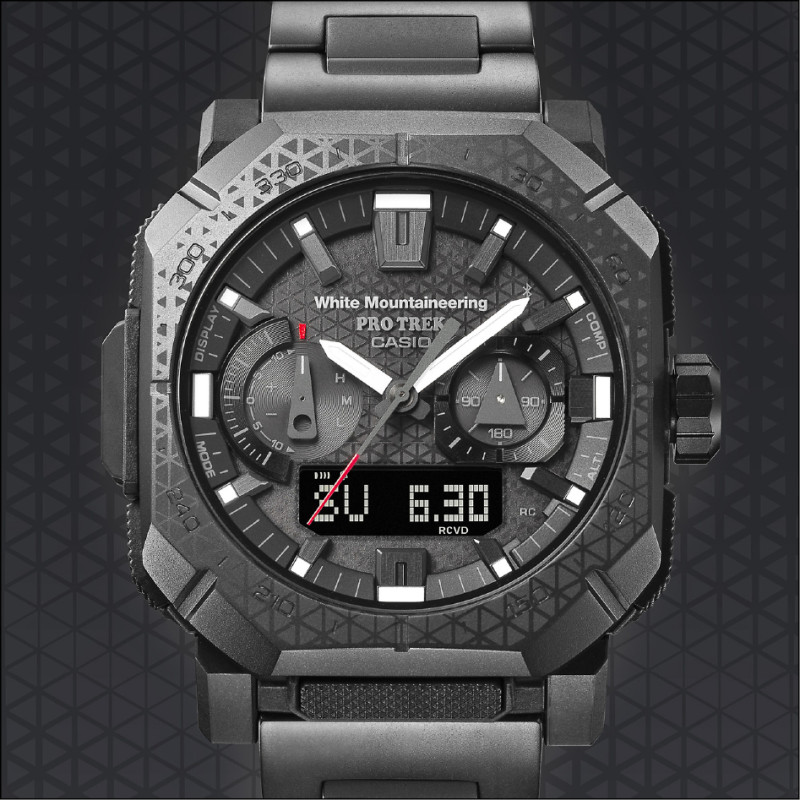 錶盤和錶圈皆有代表山岳的三角形圖案，呼應主打戶外機能的品牌定位。