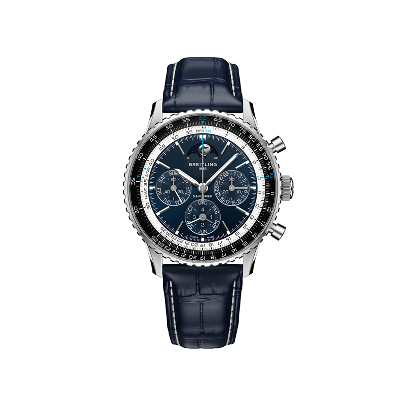 百年靈Navitimer B19 43毫米萬年曆計時腕錶，鉑金錶殼搭配深藍錶盤與月相顯示，搭載B19自製機芯，1,686,000元。（Breitling提供）