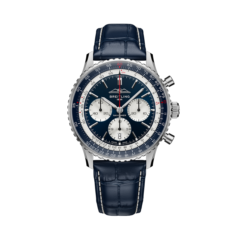 百年靈Navitimer B01 Chronograph 43 Tribute to Concorde限量計時腕錶，深藍錶盤搭配白色副錶盤，致敬協和號客機，限量593只，306,000元。（Breitling提供）