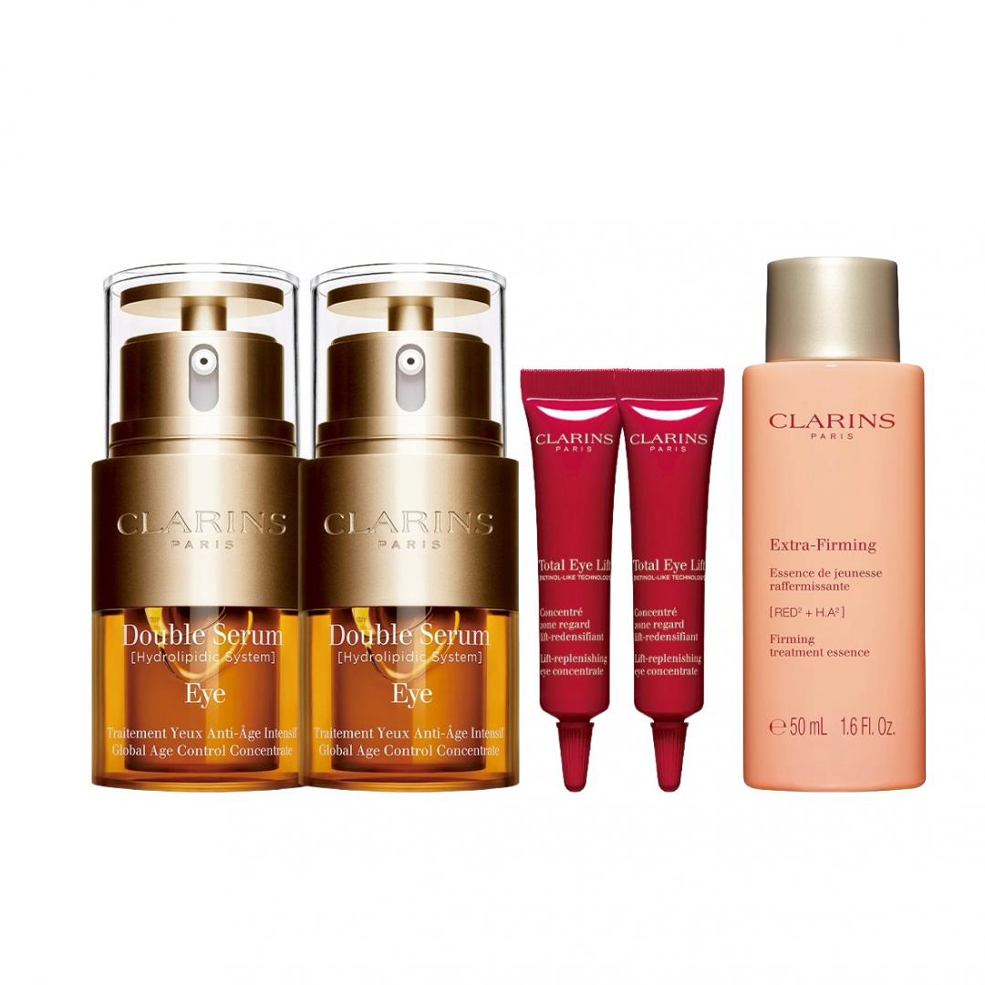 CLARINS黃金亮眼雙瓶特惠組，特價5,000元，價值9,038元，新光三越獨家，55折。