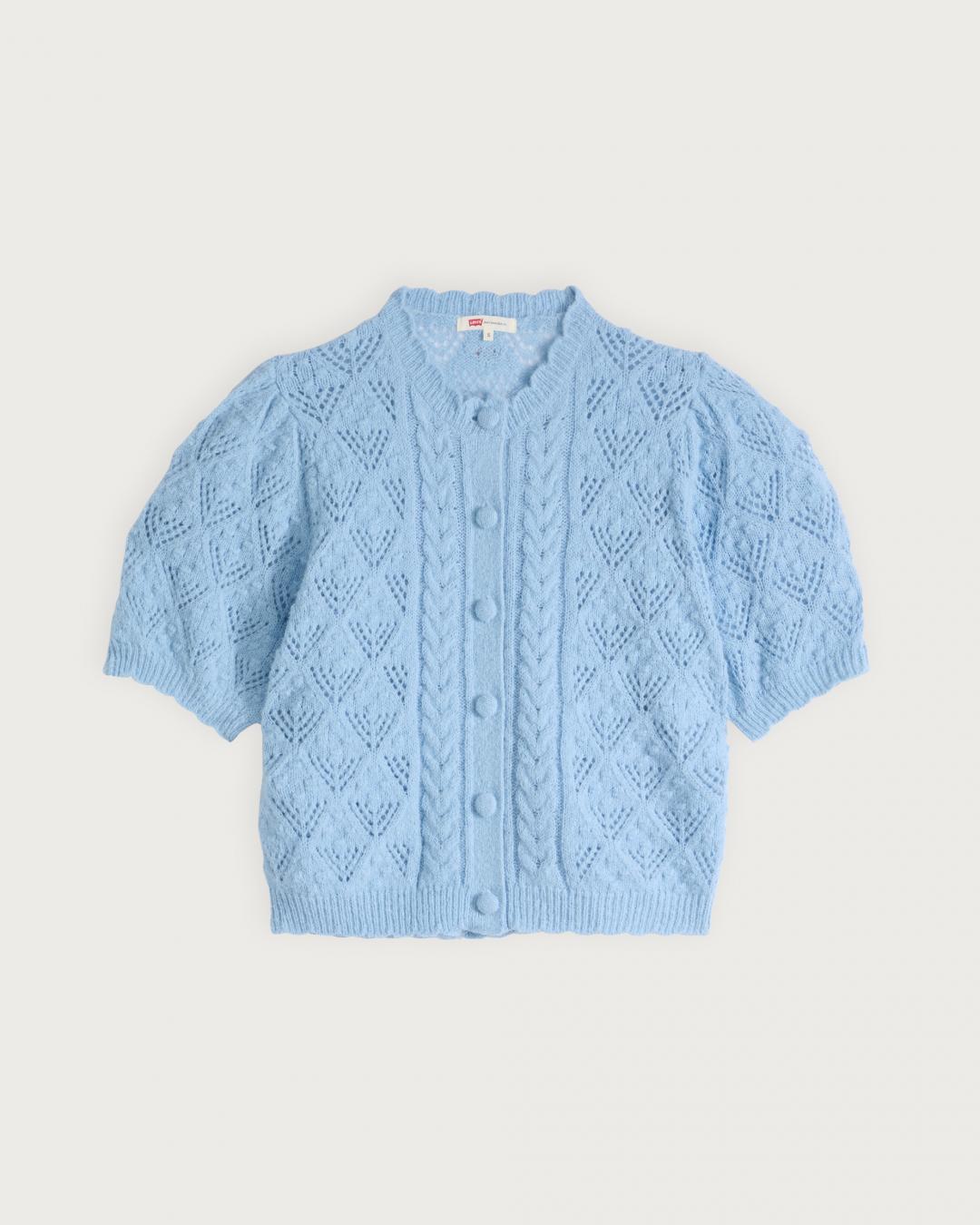 天空藍針織開襟短袖上衣，售價NT$1,990元。