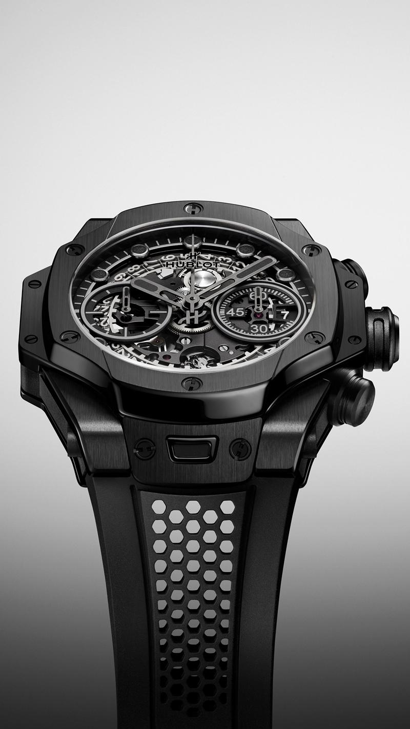 Hublot Big Bang Unico SR_A限量腕錶，搭載MHUB1280 UNICO自製自動上鍊飛返計時機芯，黑色陶瓷錶殼，時間、日期與計時功能，錶徑42mm，防水深度100米，924,000元，限量200只。（Hublot提供）