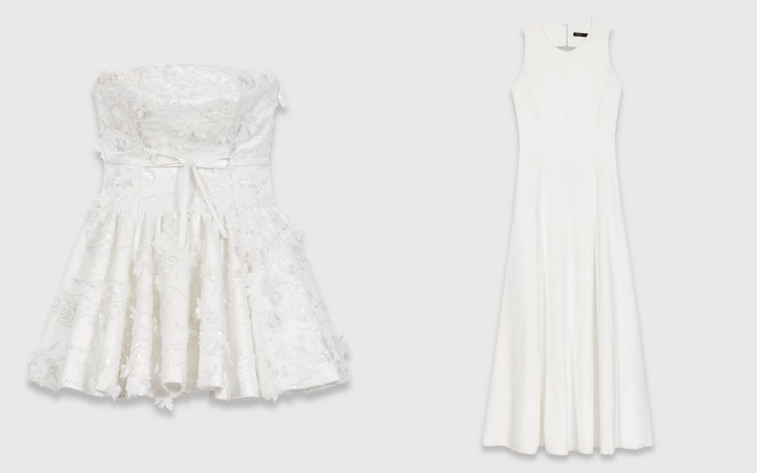 （左起）刺繡抹胸短洋裝（NT$25,590）、白色露背長洋裝（NT$13,890）。