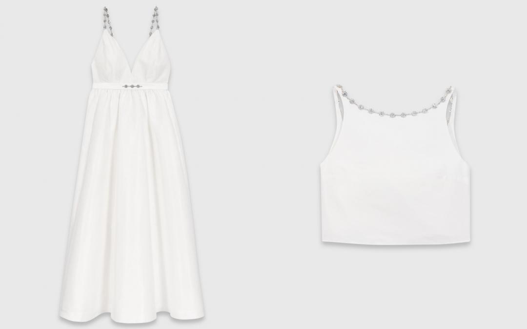 （左起）寶石塔夫綢長洋裝（NT$21,390）、寶石領塔夫綢短版背心（NT$10,590）。