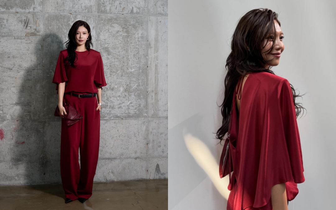 秀英這套紅色褲裝又美又帥，轉過身來還有性感巧思。