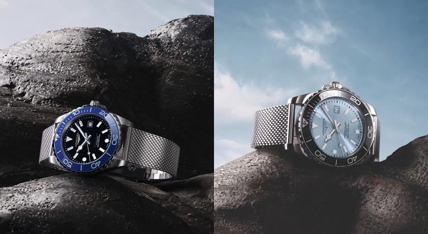 (左)深海徵服者系列黑色錶盤、藍色錶圈、米蘭鍊帶，72,700元；(右)磨砂霜霧藍色太陽放射飾紋錶盤、灰色錶圈、米蘭鍊帶，72,700元。