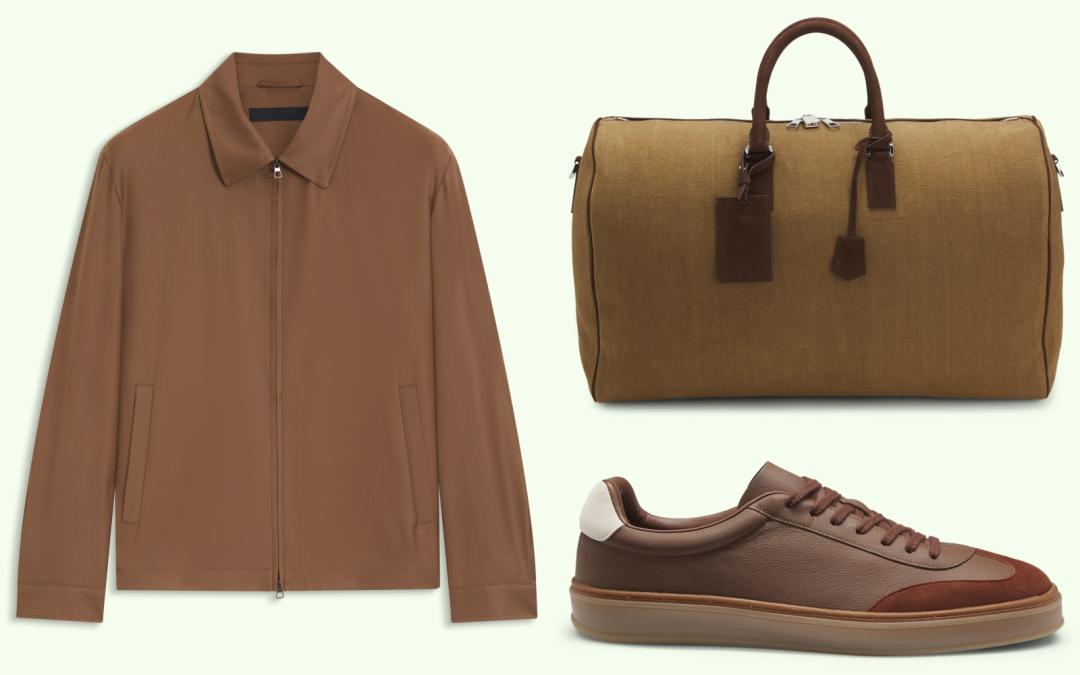 （左起）羊毛夾克（NT$26,400）、亞麻手提包（NT$30,900）、皮革運動鞋（NT$13,400）。