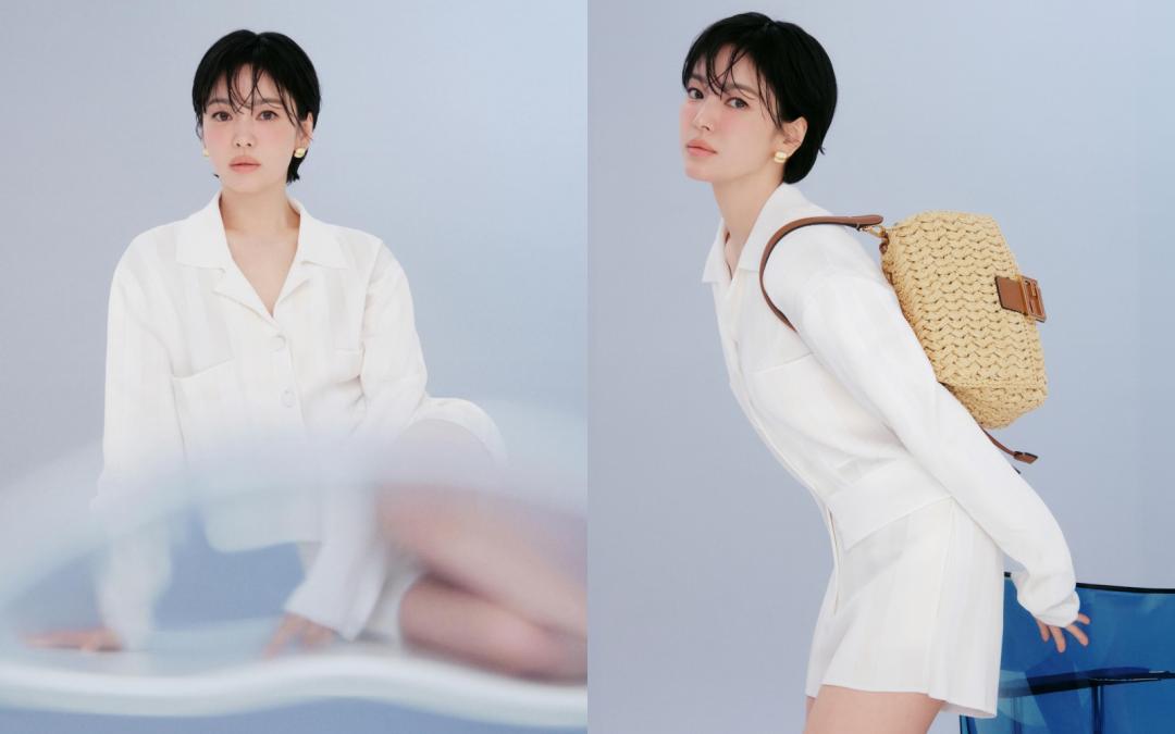 宋慧喬以白色褲裝造型搭配Mamma Baguette編織包，悠閒度假氣息，讓這款包詢問度直接飆升。