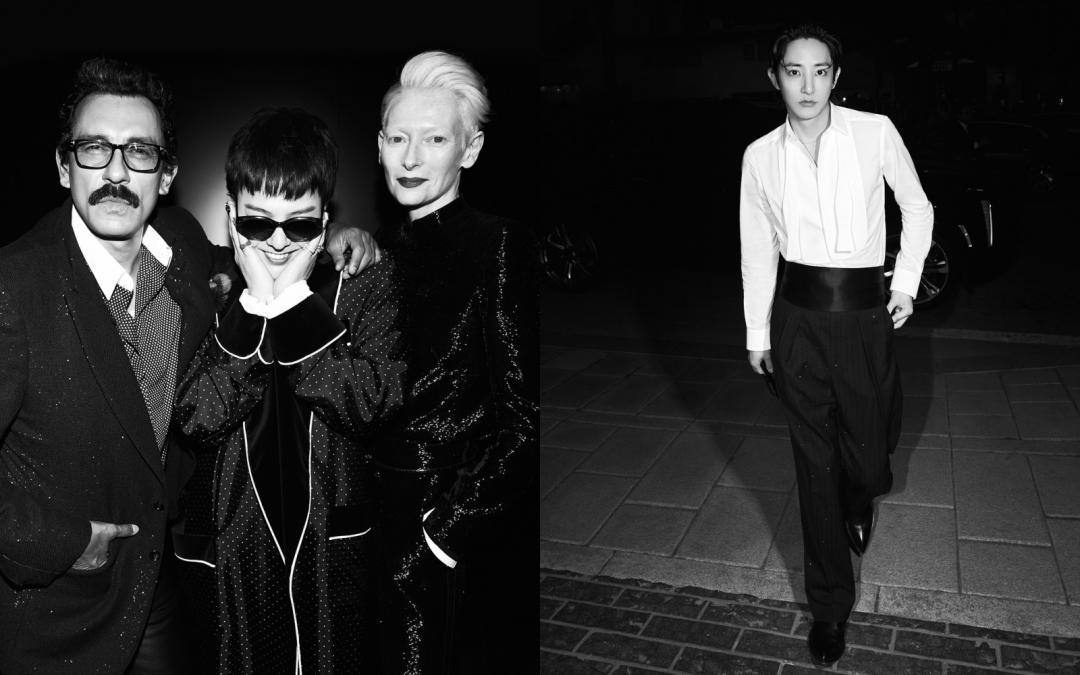 （左起）TOM FORD創意總監Haider Ackermann、權志龍、蒂妲史雲頓、李洙赫。