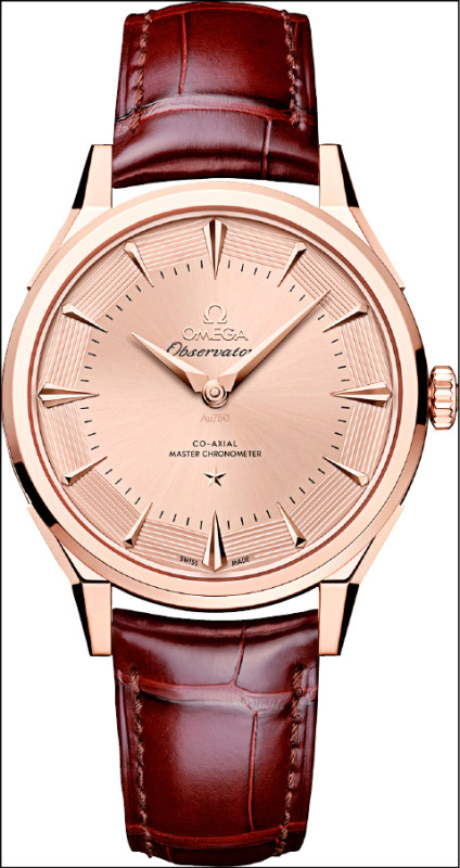 OMEGA全新的星座系列天文台腕錶從時標、指針到錶耳都延續經典。18K Sedna™金錶殼搭配皮革錶帶，1,145,000元。