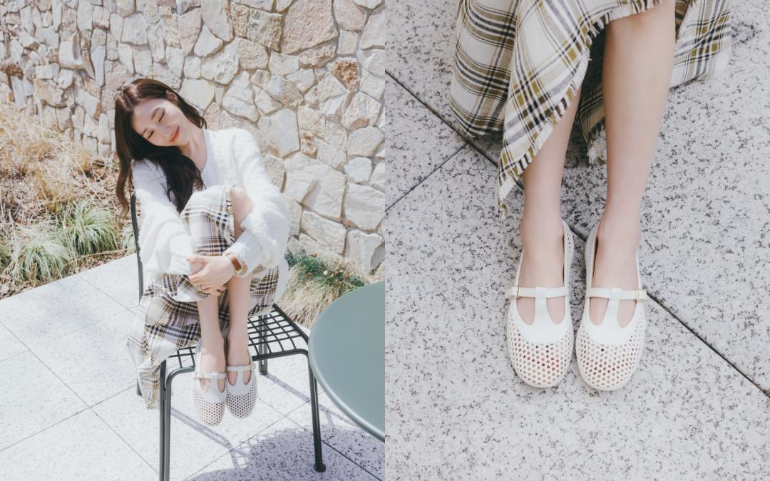 Tiffany這套穿搭極具春日溫柔風格，腳上的鏤空T字帶瑪莉珍鞋，更是畫龍點睛。