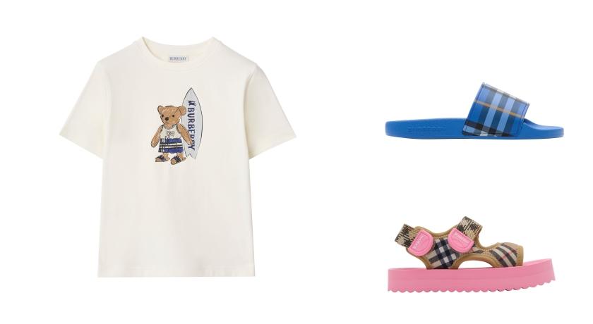 （左起）粉白色衝浪趣泰迪熊棉質T恤（NT$6,800）、風信子藍色格紋拖鞋（NT$7,900）。