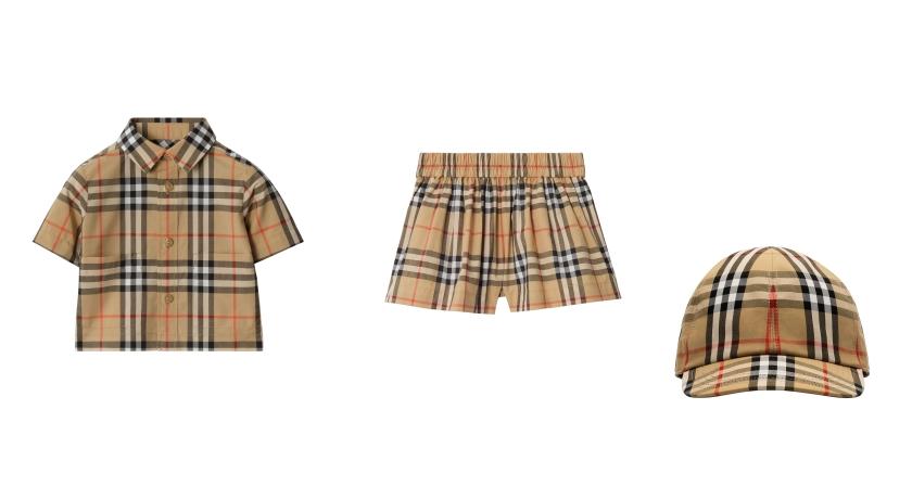 （左起）沙米色格紋棉質衣物兩件組（NT$11,800）、沙米色格紋棉質短褲（NT$9,100）、沙米色格紋棉質棒球帽（NT$8,600）。