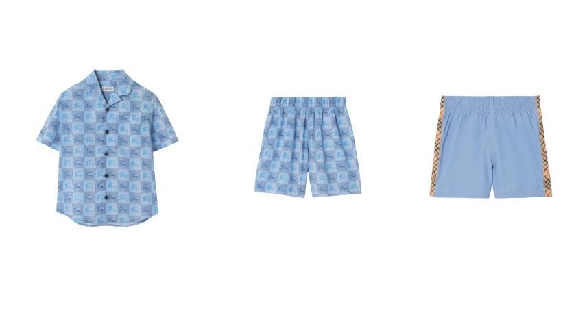 （左起）矢車菊藍色棋盤戰馬騎士棉質襯衫（NT$9,100）、矢車菊藍色戰馬騎士Checkerboard棉質短褲（NT$10,200）、矢車菊藍格紋裝飾泳褲（NT$6,800）。