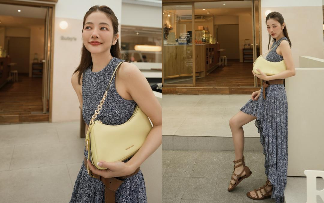 許路兒提到這身穿搭亮點不可缺少的就是亮色系包款，用MK黃色Nolita鍊帶包點亮視覺。