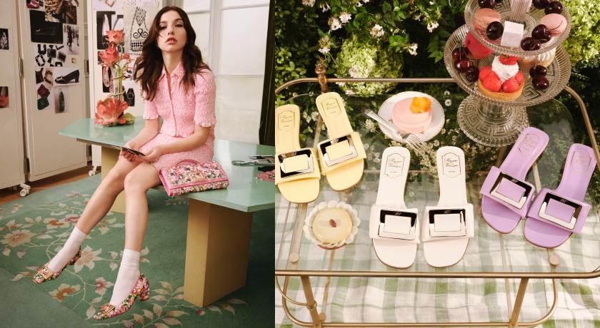 （左起）Belle Vivier 60週年紀念款Prato玫瑰粉緞面花卉手工刺繡淡金釦高跟鞋（NT$79,900）與玫瑰粉花卉亮片手工刺繡淡金釦手拿包（NT$146,200）、Belle Vivier雙層小羊皮淡金釦拖鞋（NT$32,900）。