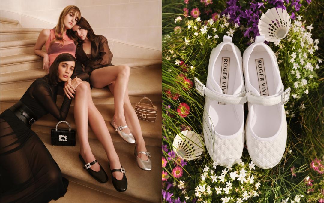 （左起）Flower Strass小羊皮花鑽瑪莉珍鞋（NT$46,600）、Viv’ Low科技布料鑽釦運動瑪莉珍鞋（NT$41,600）。