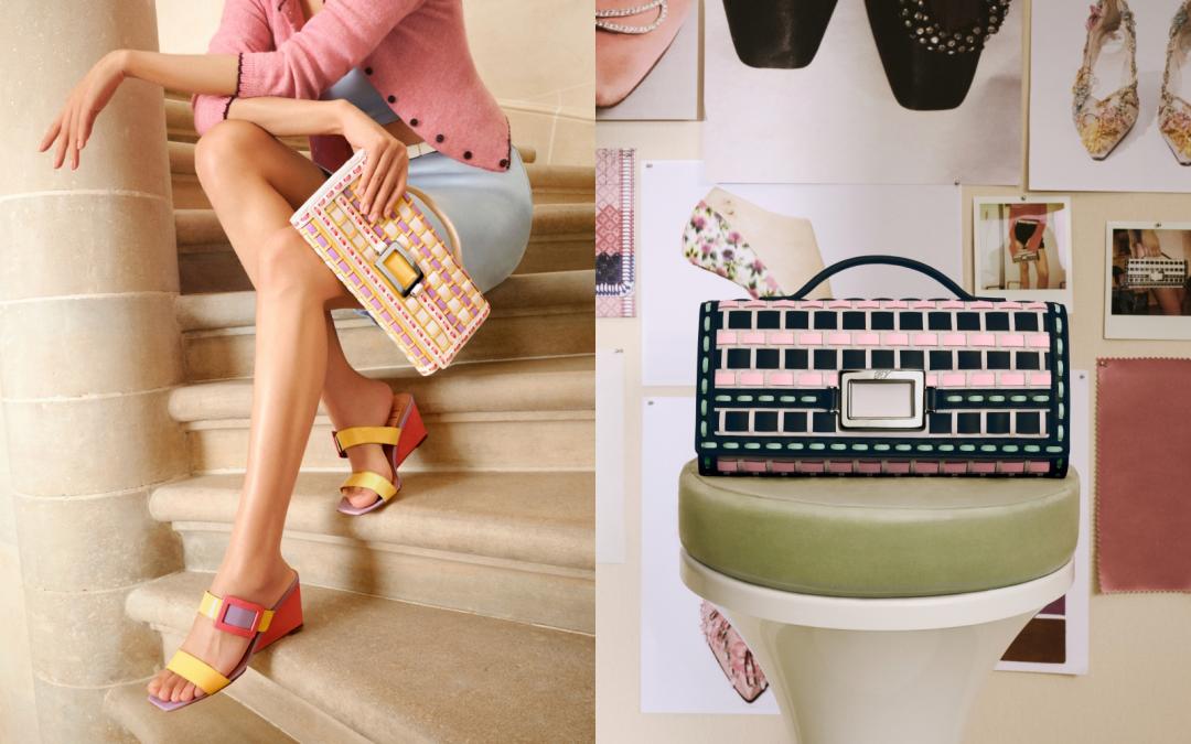 （左起）Belle Vivier糖果色漆皮方釦楔形涼（NT$39,900）、Belle Vivier銀釦手拿包（NT$75,600）。