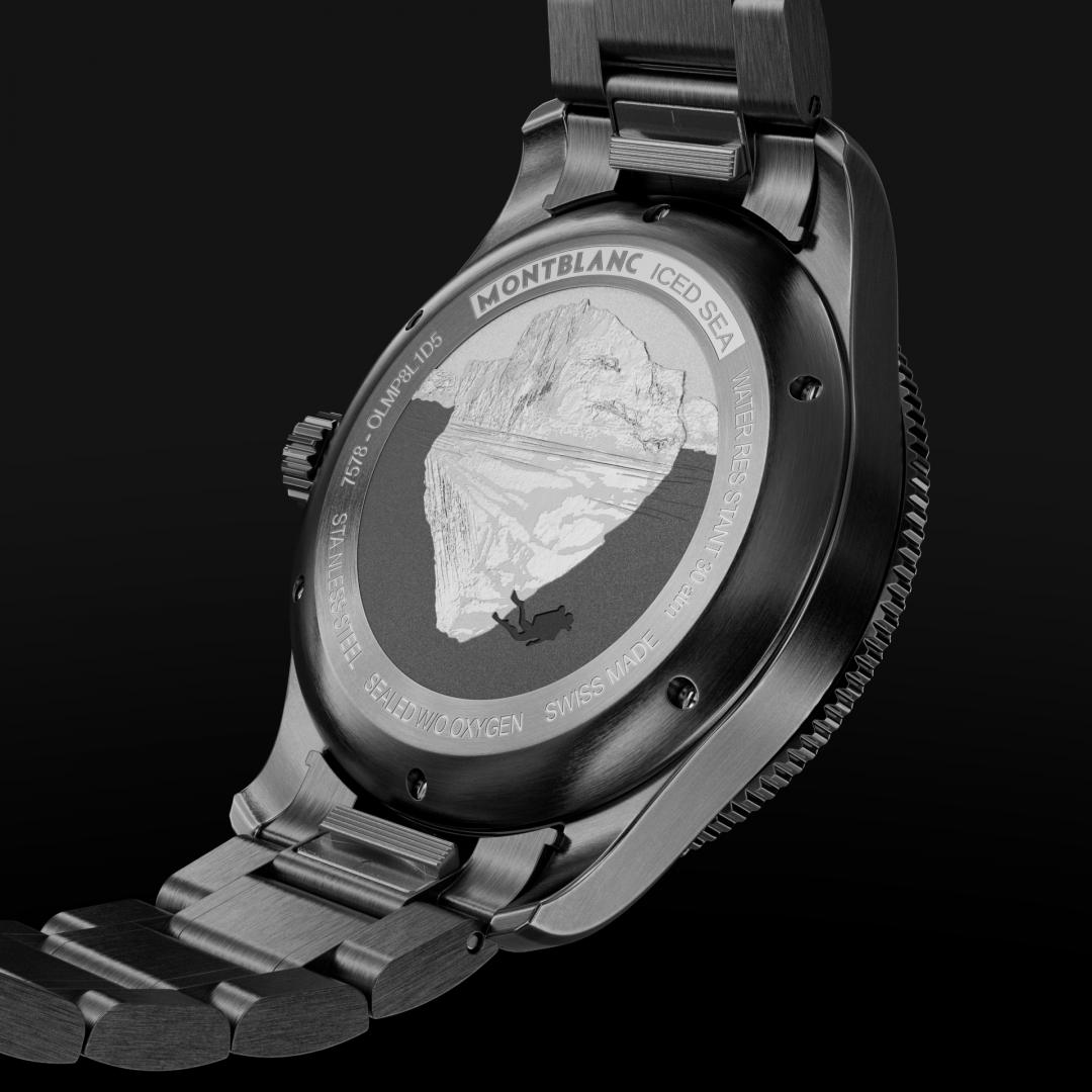 錶殼底蓋鐫刻潛水員與冰山圖案，呼應Iced Sea系列專業潛水功能。