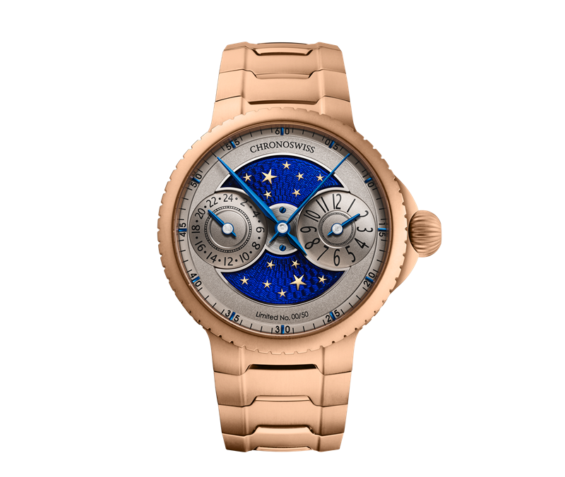 Chronoswiss PULSE GMT Enamel Sky Gold雙時區自動腕錶，搭載C.6002自動上鍊機芯，5N18K紅金錶殼與一體式鍊帶，Paillonné琺瑯錶盤，GMT雙時區顯示，錶徑41mm，防水深度50米，限量50只。（Chronoswiss提供）