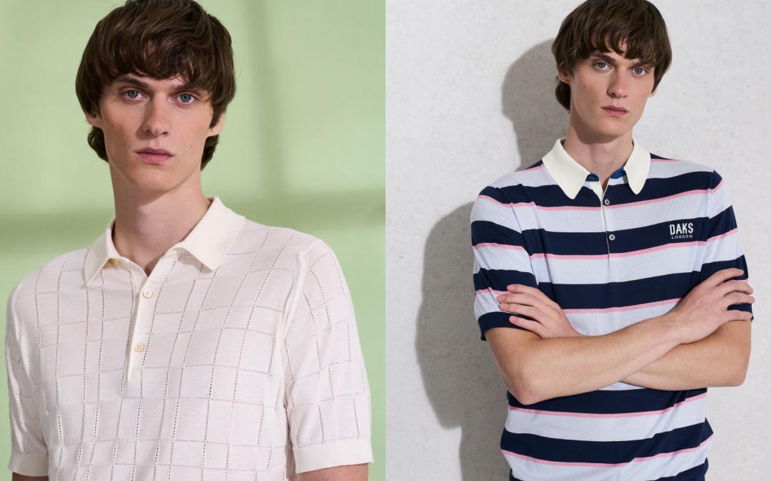 John Smedley聯名系列（左起）白色針織Polo衫（NT$13,800）、拼色條紋Polo衫（NT$14,800）。