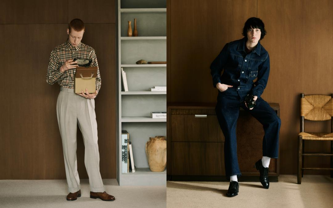 Scye聯名系列（左起）格紋長袖襯衫（NT$15,500）及無腰帶西裝褲（NT$17,500）；丹寧外套（NT$14,800）與丹寧長褲（NT$13,500）。