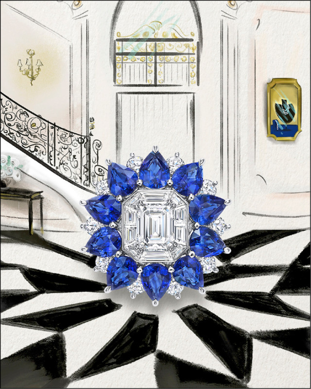 海瑞溫斯頓New York 718 Marble Marquetry系列，藍寶石鑽石戒指。