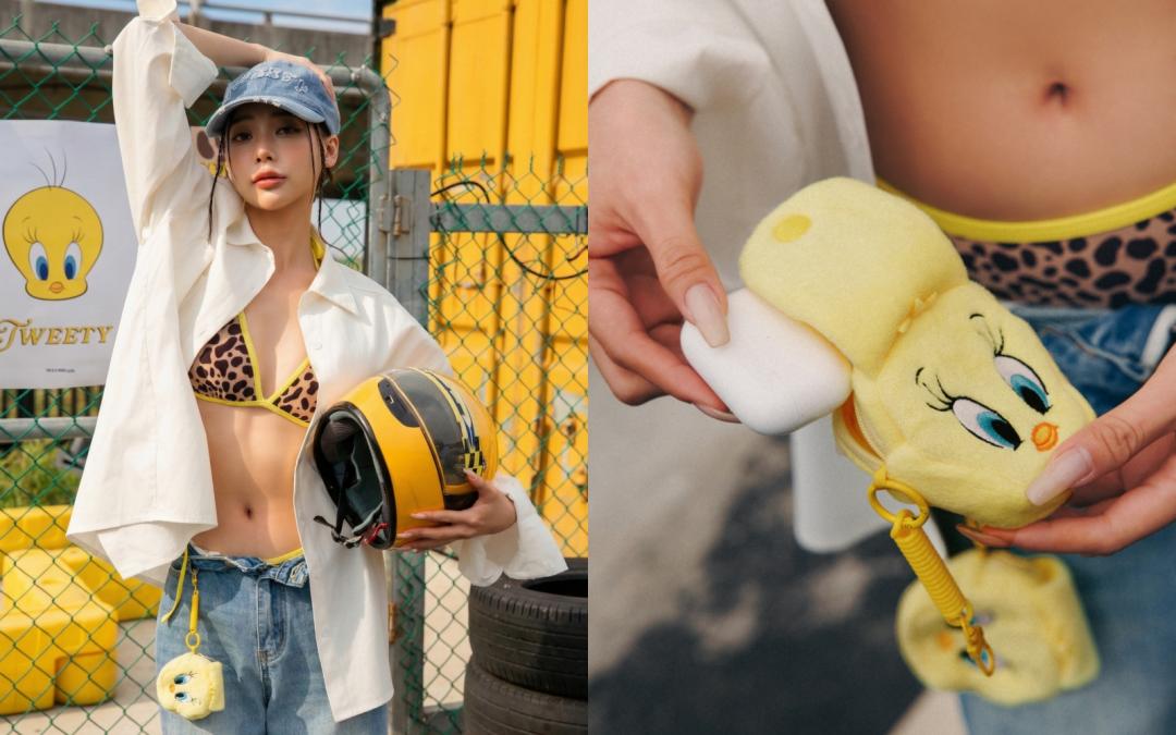 （左起）長袖襯衫（NT$990）、比基尼泳裝上身（NT$1,490）、比基尼下身（NT$890）、絨毛耳機包（NT$490）。